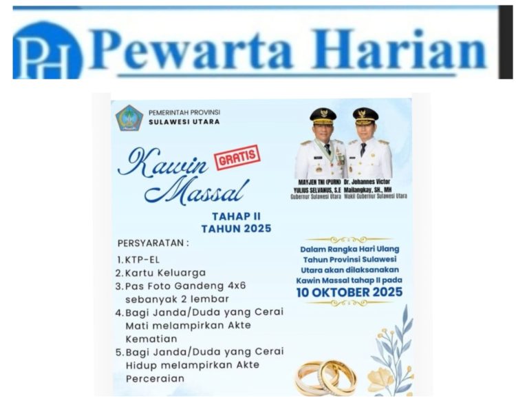 Pemprov Sulut Gelar Program Kawin Massal Gratis Tahap II, Buka Kesempatan Bagi Pasangan dan Janda/Duda